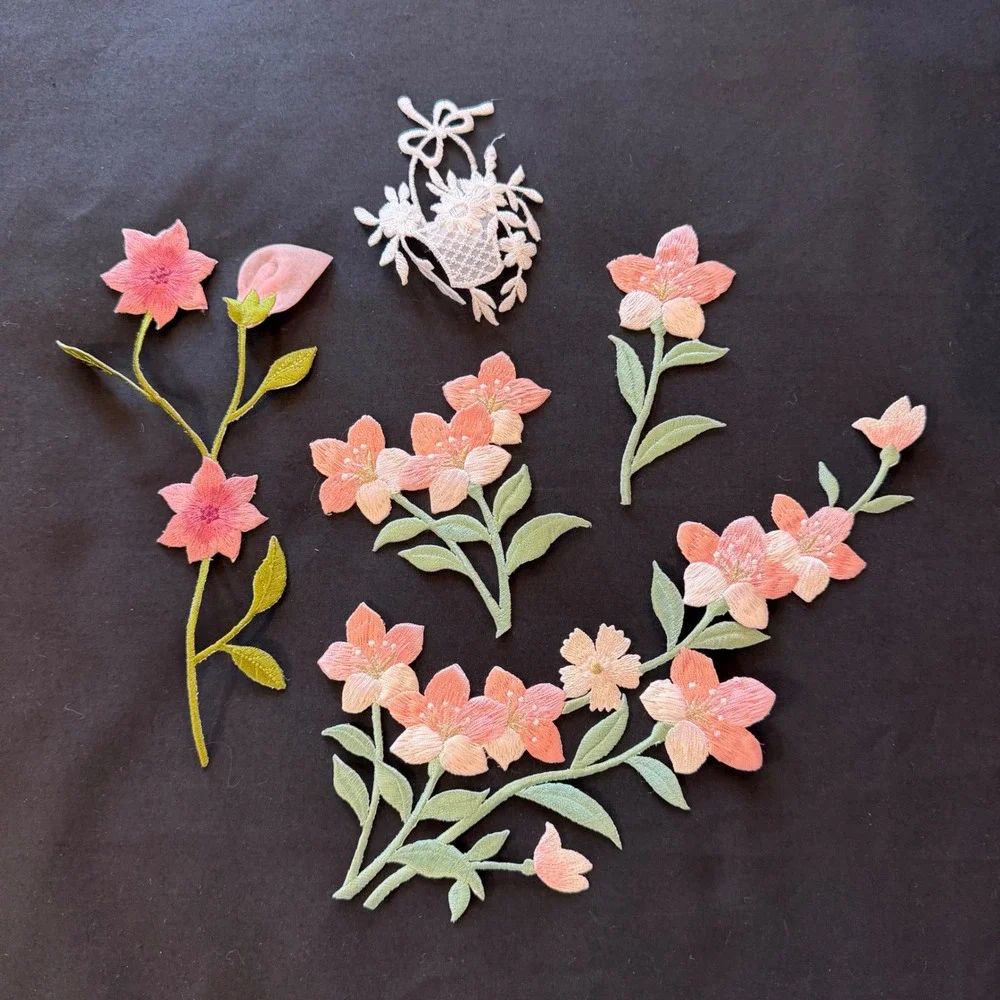 Pink Floral Iron On Embroidered Applique Patch Lot 6pc Cottagecore Coquette Girl
